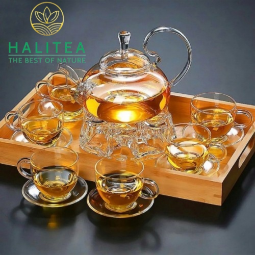 Bộ Ấm Trà Thủy Tinh Quai Cong Tách Dĩa Đế Tim 600ml