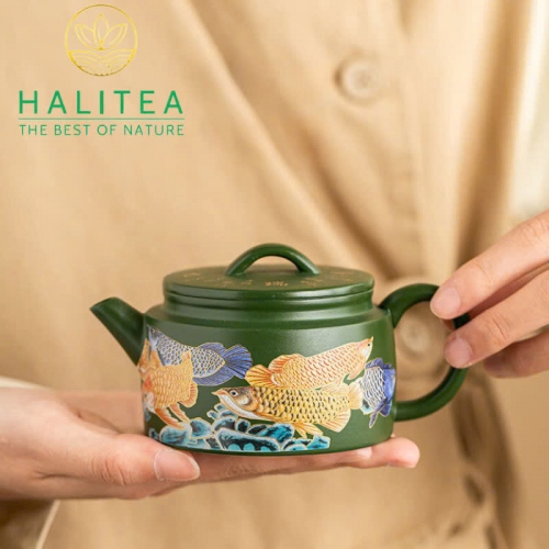 Bộ Ấm Tử Sa Hán Ngoã Cửu Long Ngư Quần Hội Lục Nê Hộp Quà Tặng 230ml