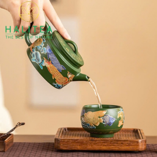 Bộ Ấm Tử Sa Hán Ngoã Cửu Long Ngư Quần Hội Lục Nê Hộp Quà Tặng 230ml