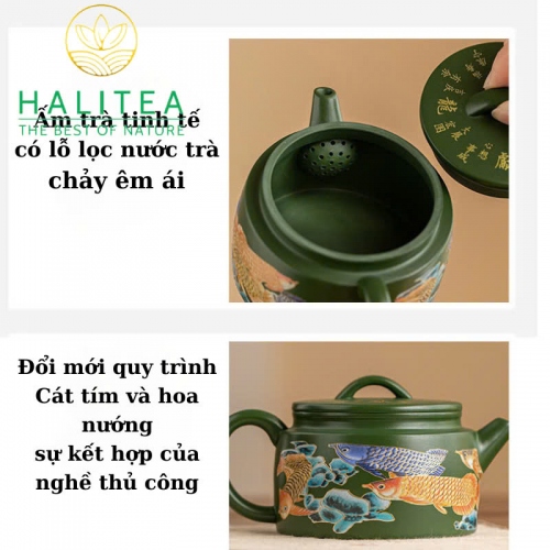 Bộ Ấm Tử Sa Hán Ngoã Cửu Long Ngư Quần Hội Lục Nê Hộp Quà Tặng 230ml