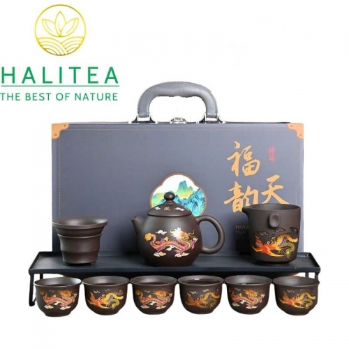 Bộ Ấm Tử Sa Long Đán Long Phụng / Hỷ Tước Đổi Màu 300ml – Hộp Vali Quà Tặng Cao Cấp