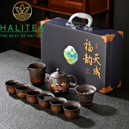 Bộ Ấm Tử Sa Long Đán Long Phụng / Hỷ Tước Đổi Màu 300ml – Hộp Vali Quà Tặng Cao Cấp