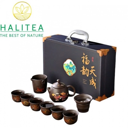 Bộ Ấm Tử Sa Long Đán Long Phụng / Hỷ Tước Đổi Màu 300ml – Hộp Vali Quà Tặng Cao Cấp