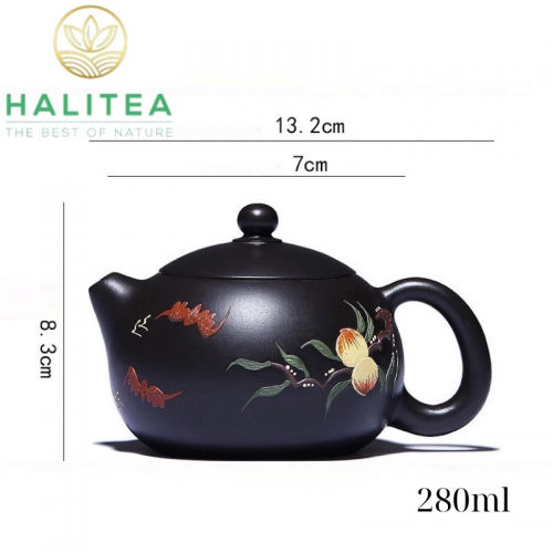 Bộ Ấm Tử Sa Tây Thi Hắc Kim Sa Trái Đào Nổi Hộp Vali Da Cao Cấp 280ml