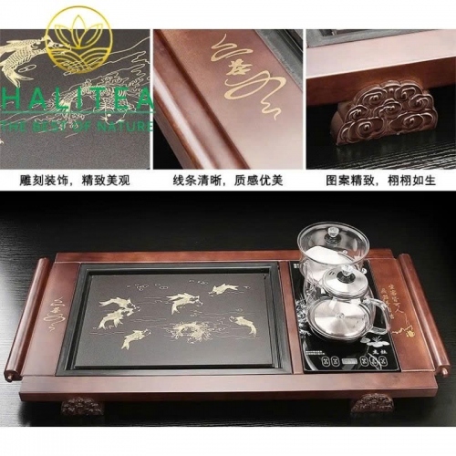 Bộ Bàn Trà Điện Tự Động Gỗ Mặt Đá “Niên Niên Hữu Dư” 95×46×07cm