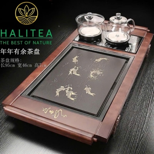 Bộ Bàn Trà Điện Tự Động Gỗ Mặt Đá “Niên Niên Hữu Dư” 95×46×07cm