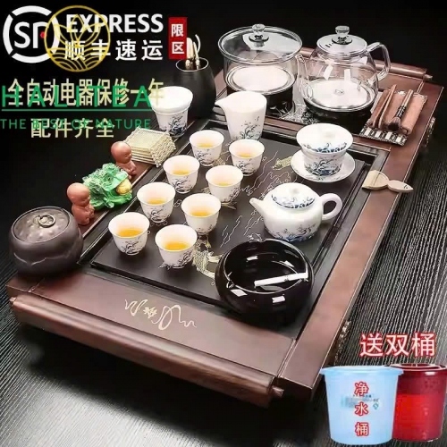Bộ Bàn Trà Điện Tự Động Gỗ Mặt Đá “Niên Niên Hữu Dư” 95×46×07cm