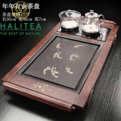 Bộ Bàn Trà Điện Tự Động Gỗ Mặt Đá “Niên Niên Hữu Dư” 95×46×07cm
