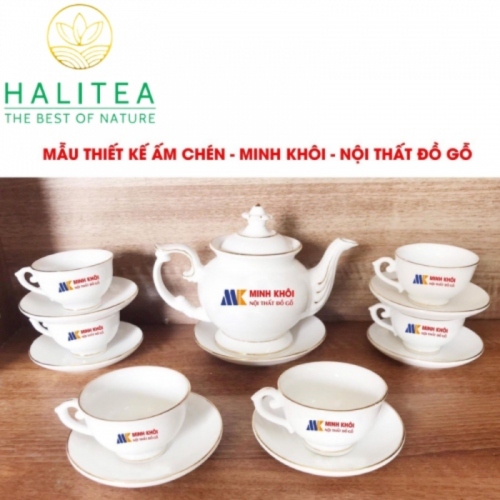 Bộ Bình Trà Gốm Sứ Bát Tràng Men Trắng In Logo 100 bộ