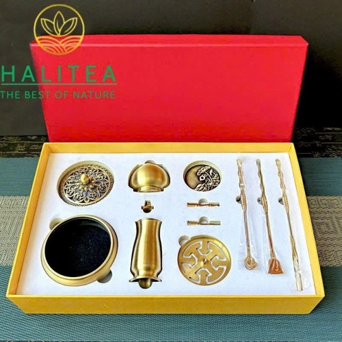 Bộ Dụng Cụ Lư Xông Trầm Bột Đồng Thau Hoa Sen 9 Món – Khuôn Ấn Hộp Quà Tặng
