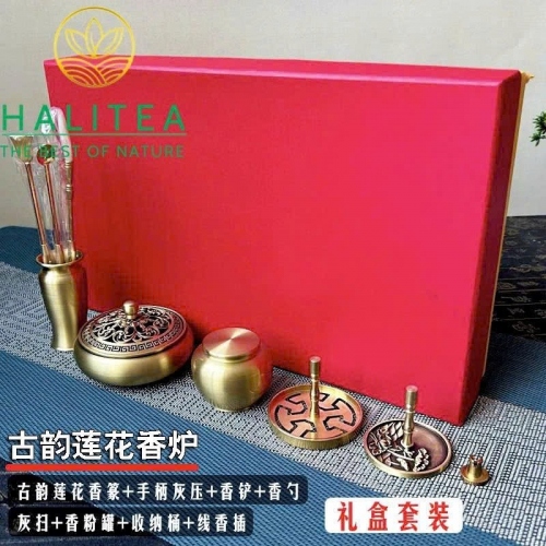 Bộ Dụng Cụ Lư Xông Trầm Bột Đồng Thau Hoa Sen 9 Món – Khuôn Ấn Hộp Quà Tặng