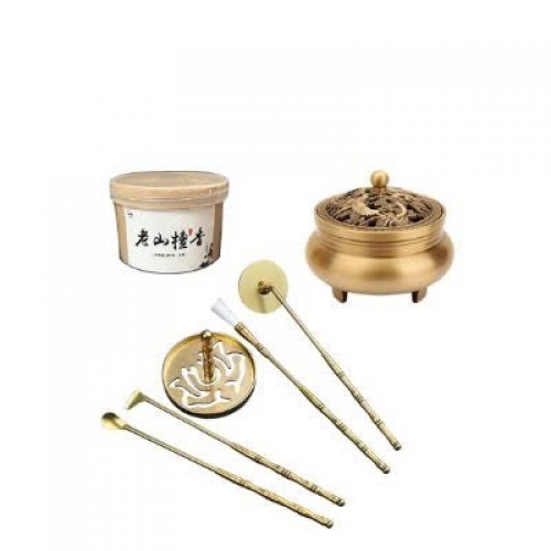 Bộ Dụng Cụ Lư Xông Trầm Bột Đồng Thau Hoa Sen 9 Món – Khuôn Ấn Hộp Quà Tặng