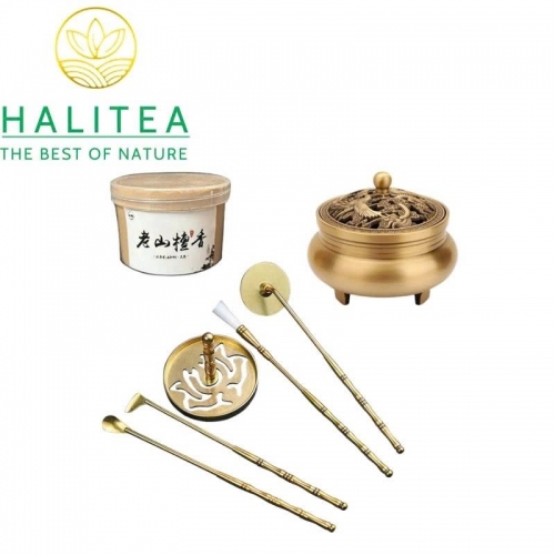 Bộ Dụng Cụ Lư Xông Trầm Bột Đồng Thau Hoa Sen 9 Món – Khuôn Ấn Hộp Quà Tặng
