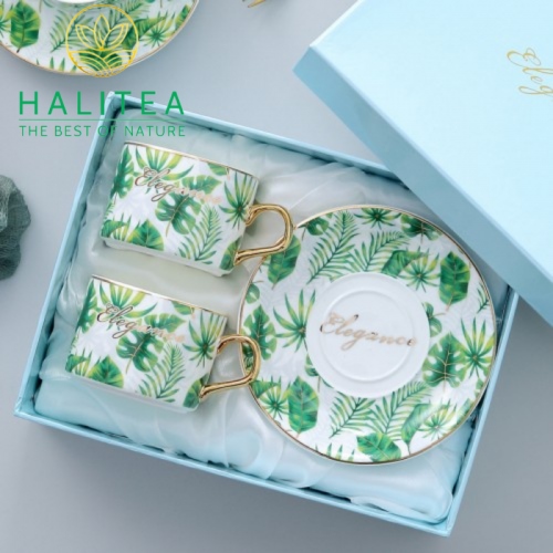 Bộ Tách Dĩa Monstera Phong Cách Châu Âu Cao Cấp Quai Mạ Vàng