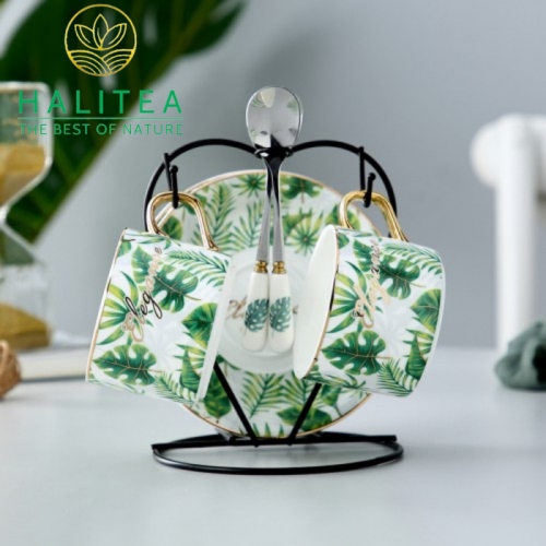 Bộ Tách Dĩa Monstera Phong Cách Châu Âu Cao Cấp Quai Mạ Vàng