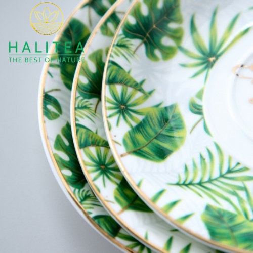 Bộ Tách Dĩa Monstera Phong Cách Châu Âu Cao Cấp Quai Mạ Vàng