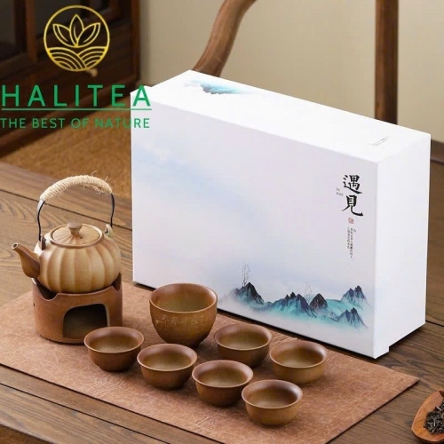 Bộ Trà Cụ Gốm Thô Giả Củi Ấm Bí Ngô Đề Lương Kèm Lò Hâm Trà - Hộp Quà Tặng