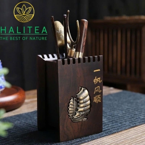 Bộ Trà Đạo Lục Quân Tử Gỗ Mun Khắc Họa Tiết Thiền 6 Món