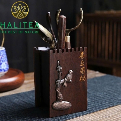 Bộ Trà Đạo Lục Quân Tử Gỗ Mun Khắc Họa Tiết Thiền 6 Món