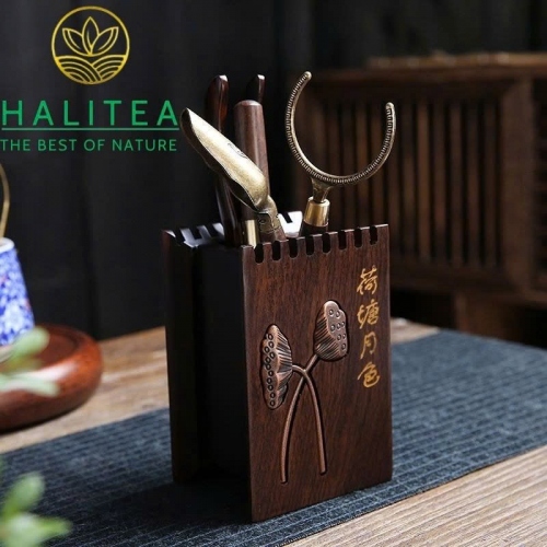 Bộ Trà Đạo Lục Quân Tử Gỗ Mun Khắc Họa Tiết Thiền 6 Món