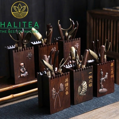 Bộ Trà Đạo Lục Quân Tử Gỗ Mun Khắc Họa Tiết Thiền 6 Món