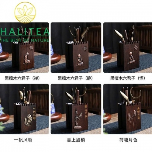 Bộ Trà Đạo Lục Quân Tử Gỗ Mun Khắc Họa Tiết Thiền 6 Món
