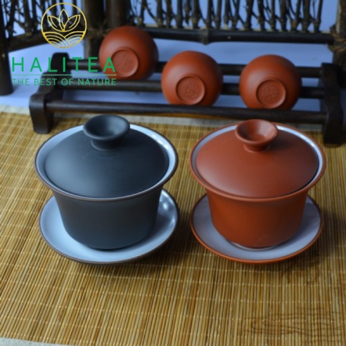 Chén Khải Đất Đen Đỏ Tráng Men Trắng