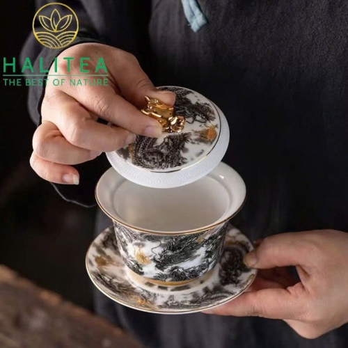 Chén Khải Sứ Đức Hoá Phúc Kiến Cửu Long Tranh Châu Hộp Quà Tặng