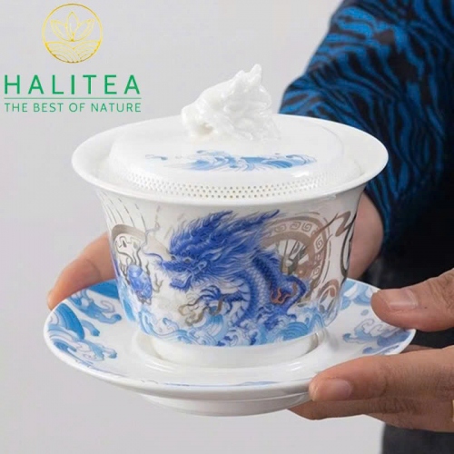 Chén Khải Sứ Đức Hoá Phúc Kiến Cửu Long Tranh Châu Hộp Quà Tặng