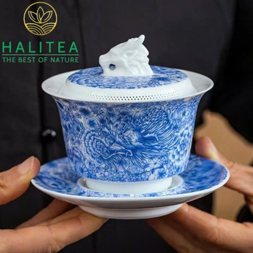 Chén Khải Sứ Đức Hoá Phúc Kiến Cửu Long Tranh Châu Hộp Quà Tặng