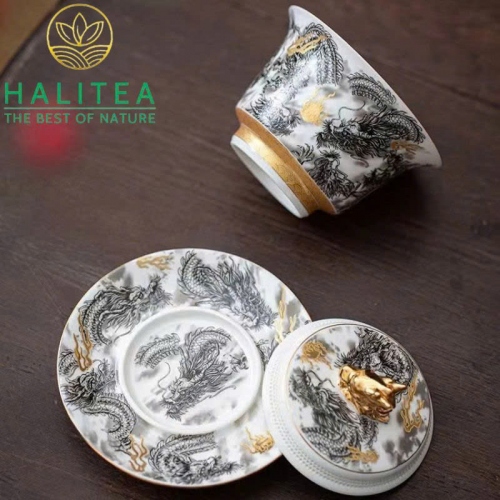 Chén Khải Sứ Đức Hoá Phúc Kiến Cửu Long Tranh Châu Hộp Quà Tặng