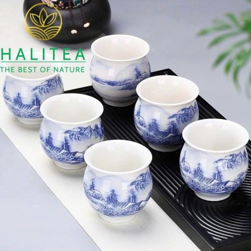 Chén Sứ Đức Hoá 2 Lớp Cách Nhiệt Họa Tiết Sơn Thủy Lam 95ml