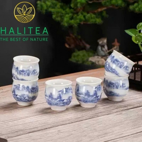 Chén Sứ Đức Hoá 2 Lớp Cách Nhiệt Họa Tiết Sơn Thủy Lam 95ml