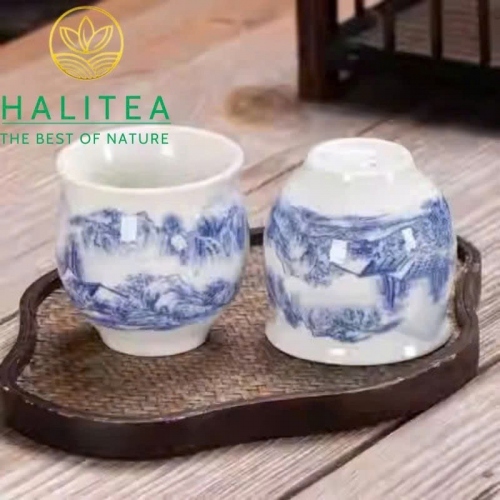 Chén Sứ Đức Hoá 2 Lớp Cách Nhiệt Họa Tiết Sơn Thủy Lam 95ml
