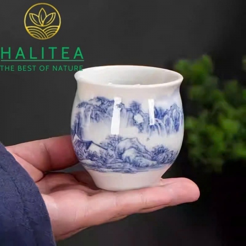 Chén Sứ Đức Hoá 2 Lớp Cách Nhiệt Họa Tiết Sơn Thủy Lam 95ml