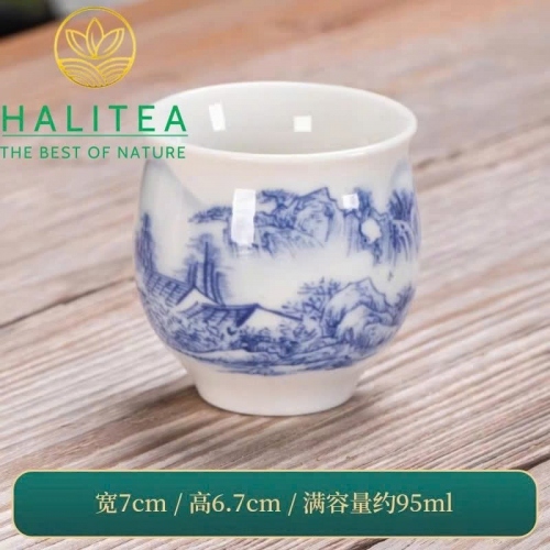 Chén Sứ Đức Hoá 2 Lớp Cách Nhiệt Họa Tiết Sơn Thủy Lam 95ml