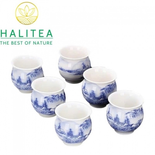 Chén Sứ Đức Hoá 2 Lớp Cách Nhiệt Họa Tiết Sơn Thủy Lam 95ml