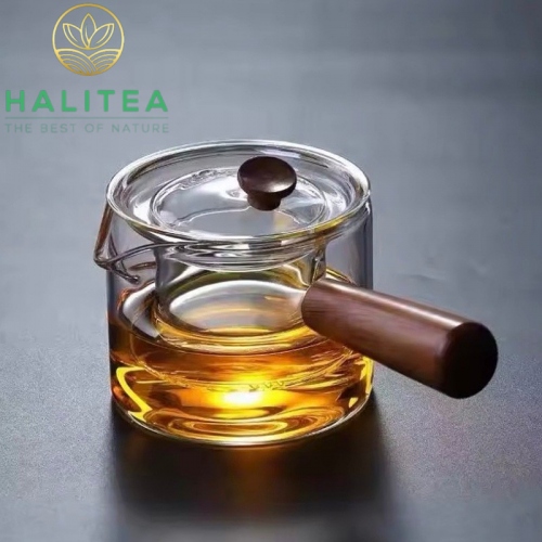 Chén Tống Pha Trà Thủy Tinh Quai Siêu Cán Gỗ