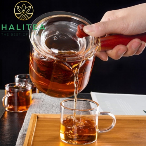 Chén Tống Pha Trà Thủy Tinh Quai Siêu Cán Gỗ