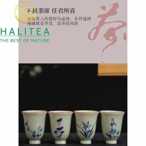 Set Bộ 04 Chén Trà Sứ Đức Hóa Men Nhữ Vẽ Lam - Mai Lan Trúc Cúc 50ml