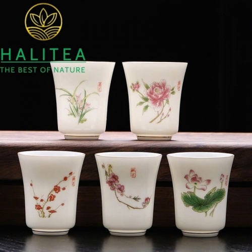 Chén Trà Sứ Dương Chi Ngọc Đức Hóa Hoa Văn Vẽ Tay Thủ Công 65ml