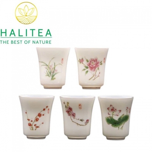 Chén Trà Sứ Dương Chi Ngọc Đức Hóa Hoa Văn Vẽ Tay Thủ Công 65ml
