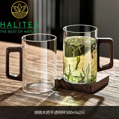 Cốc Thủy Tinh Chịu Nhiệt Quai Gỗ Dáng Trụ 500ml