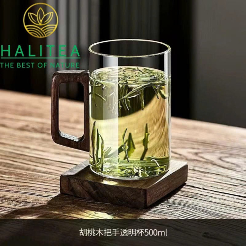 Cốc Thủy Tinh Chịu Nhiệt Quai Gỗ Dáng Trụ 500ml