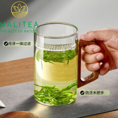 Cốc Thủy Tinh Chịu Nhiệt Quai Gỗ Dáng Trụ 500ml