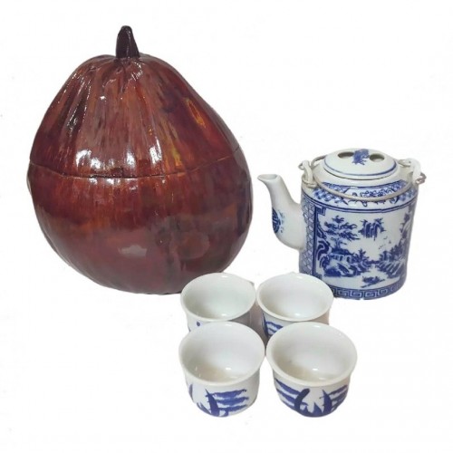 Combo Bộ Ấm 600ml + 4 Chén + Trái Dừa Ủ + Trà Sơn Mật Hồng Sâm 200Gr