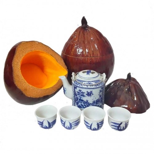 Combo Bộ Ấm 600ml + 4 Chén + Trái Dừa Ủ + Trà Sơn Mật Hồng Sâm 200Gr