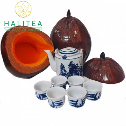 Bộ Ấm Tích 800ml + 6 Chén + Trái Dừa Ủ + Trà Sơn Mật Hồng Sâm 200Gr