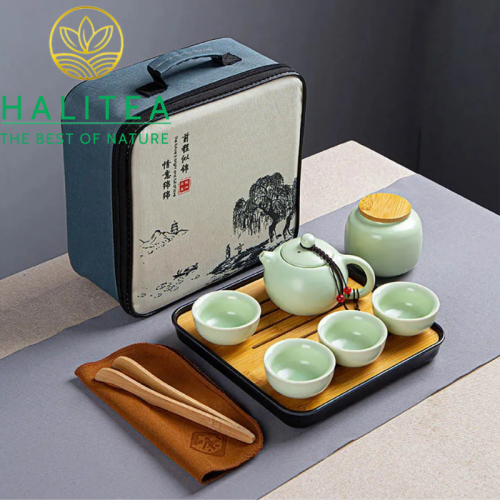 Combo Bộ Ấm Trà Sứ + Khay Khăn Dụng Cụ 10 Món Hộp Quà Tặng