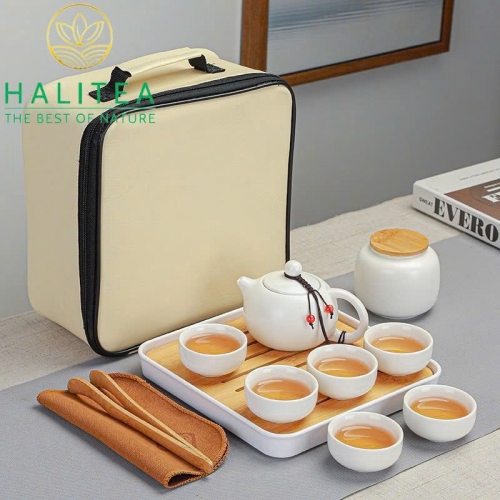 Combo Bộ Ấm Trà Sứ + Khay Khăn Dụng Cụ 10 Món Hộp Quà Tặng